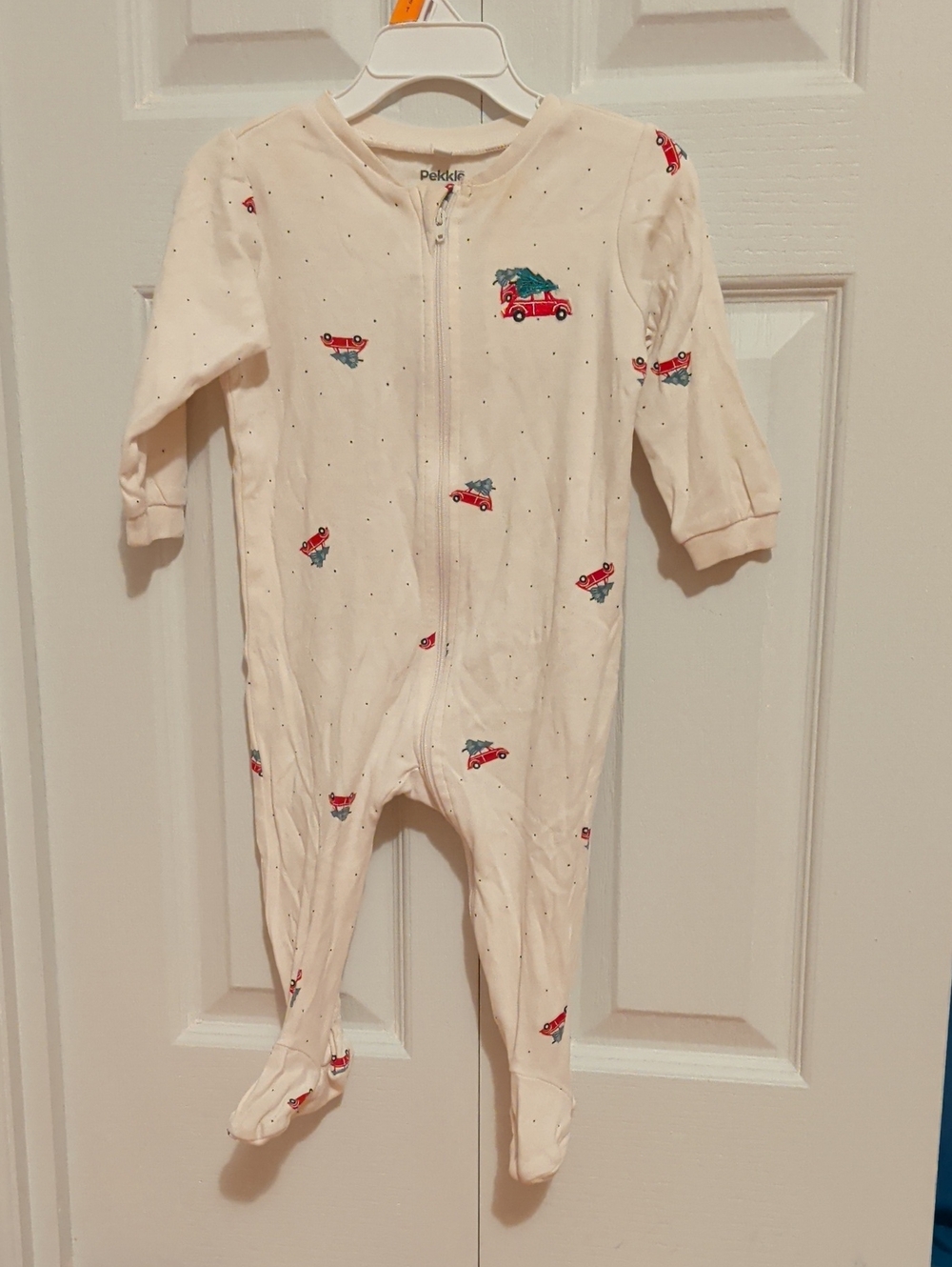 Pekkle Cream Zip-Front Baby One-Piece with Red Car Print